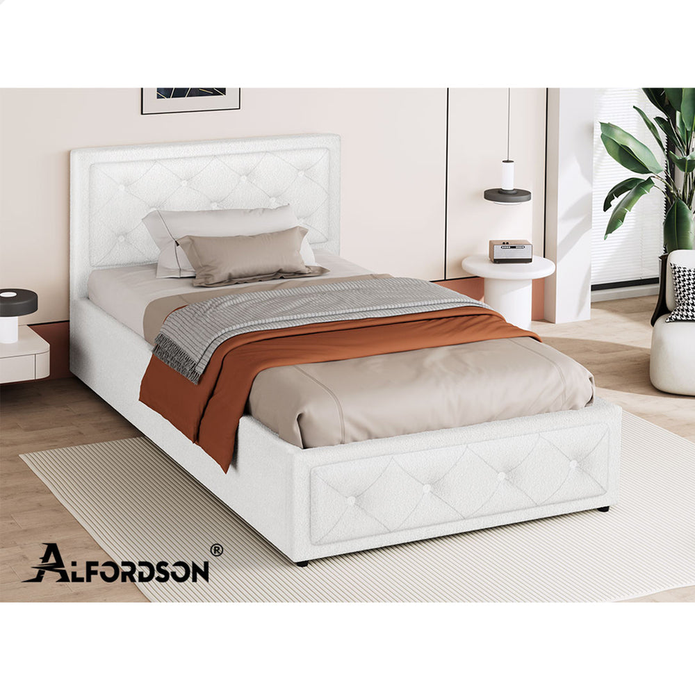 ALFORDSON Bed Frame King Single Gas Lift Storage Base Boucle Fabric White