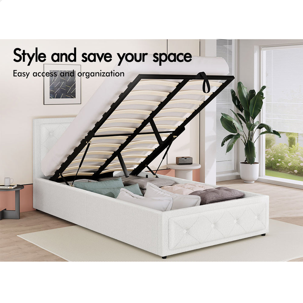 ALFORDSON Bed Frame King Single Gas Lift Storage Base Boucle Fabric White