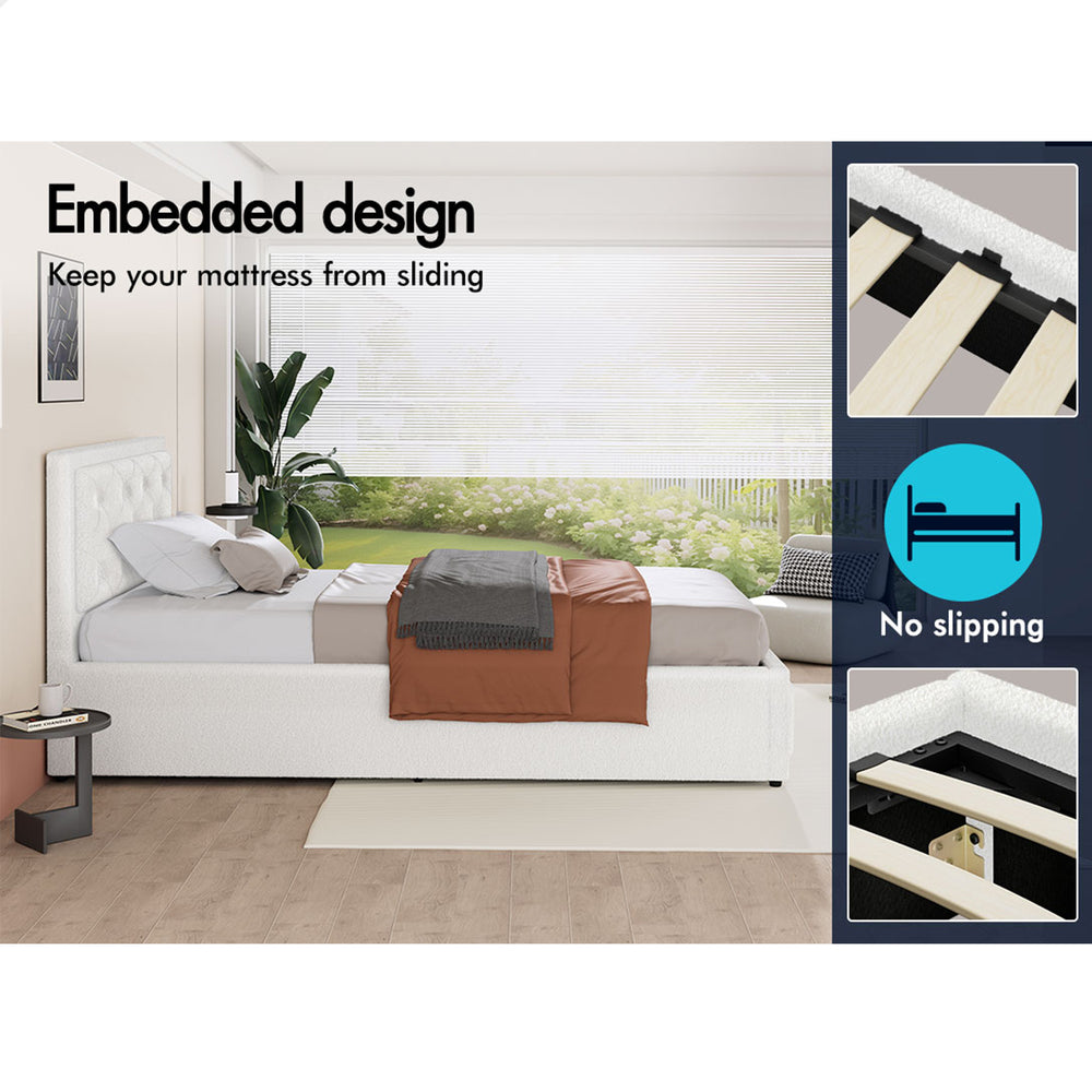 ALFORDSON Bed Frame King Single Gas Lift Storage Base Boucle Fabric White