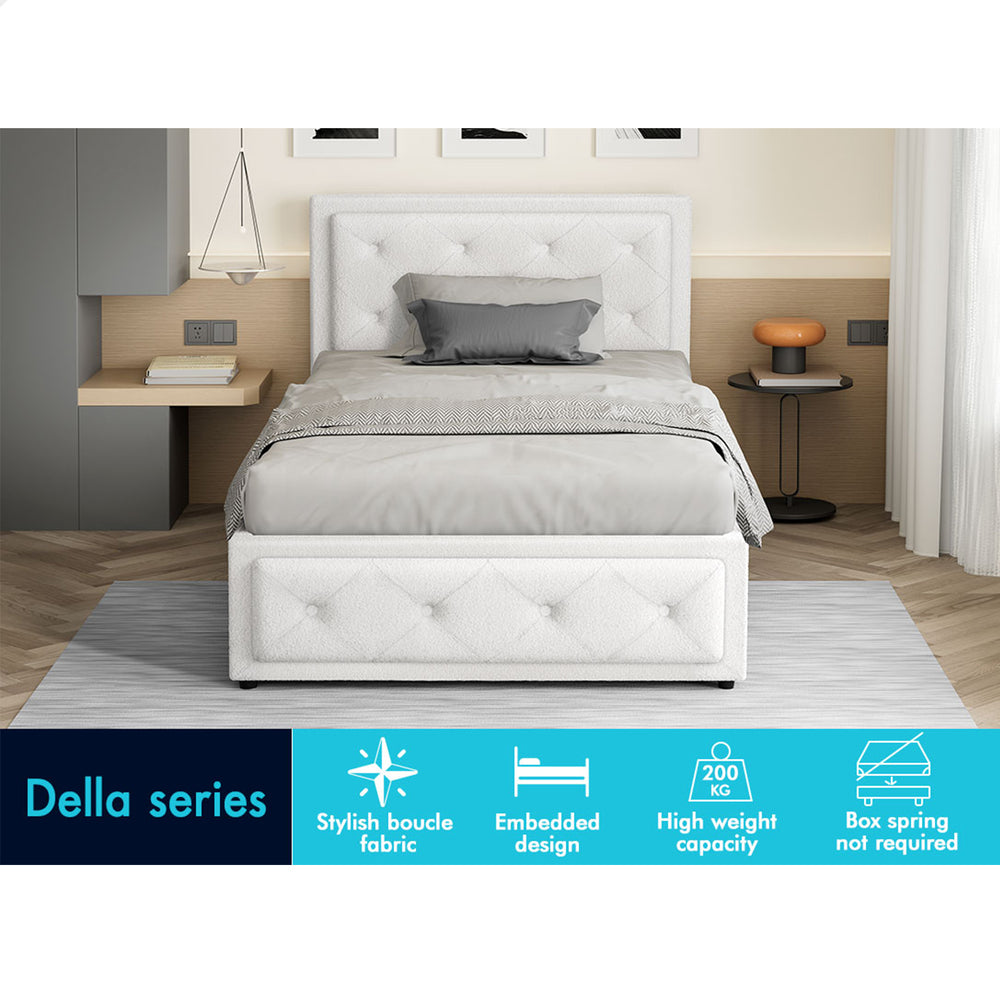 ALFORDSON Bed Frame King Single Gas Lift Storage Base Boucle Fabric White