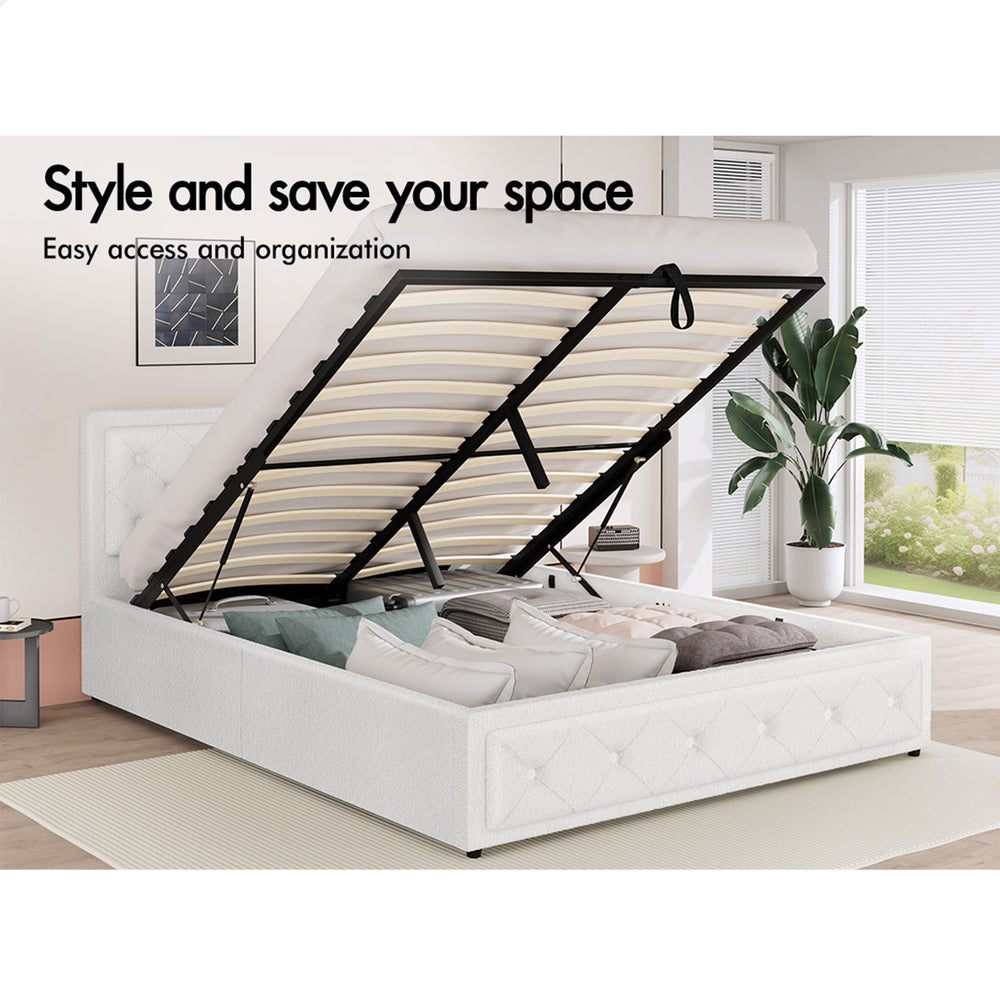 ALFORDSON Bed Frame Queen Size Gas Lift Storage Base Boucle Fabric White