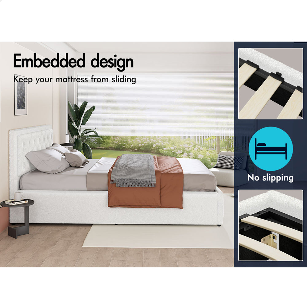 ALFORDSON Bed Frame Queen Size Gas Lift Storage Base Boucle Fabric White