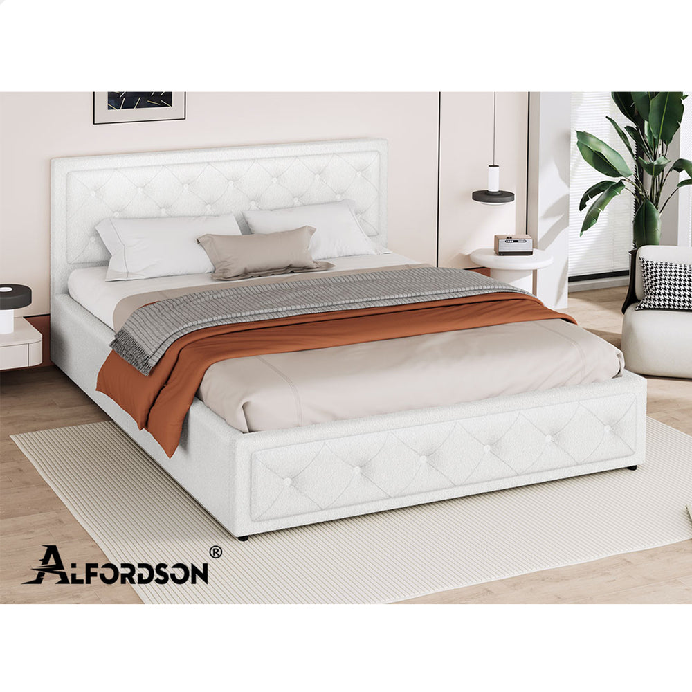 ALFORDSON Bed Frame Queen Size Gas Lift Storage Base Boucle Fabric White
