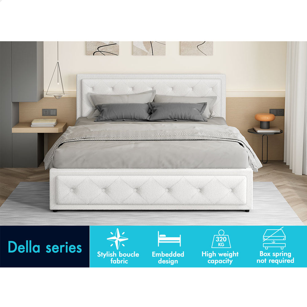 ALFORDSON Bed Frame Queen Size Gas Lift Storage Base Boucle Fabric White