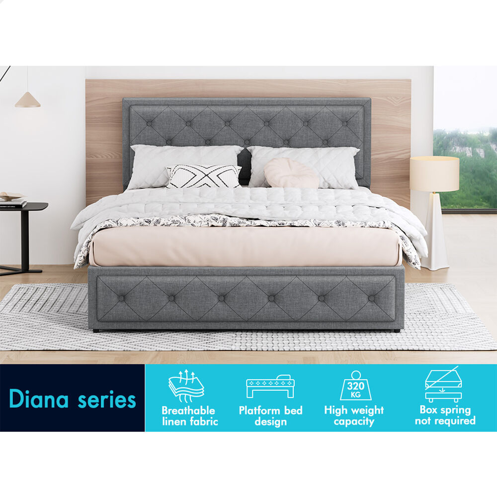 ALFORDSON Bed Frame Double Size Gas Lift Storage Mattress Base Fabric Grey DIANA