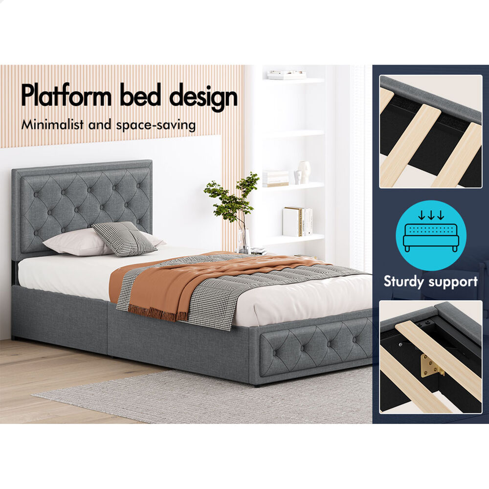 ALFORDSON Bed Frame King Single Gas Lift Storage Mattress Base Fabric Grey DIANA