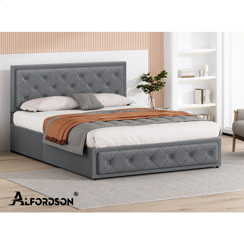 ALFORDSON Bed Frame Queen Size Gas Lift Storage Mattress Base Fabric Grey DIANA