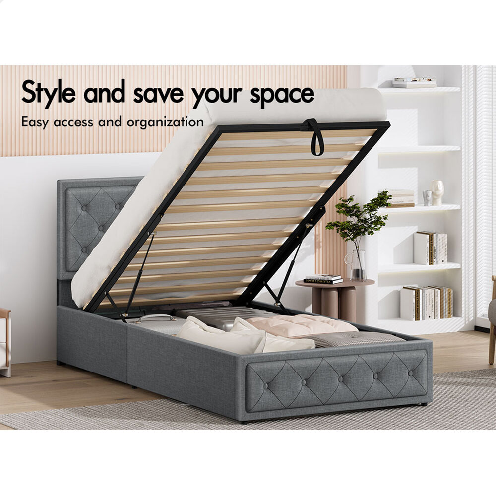ALFORDSON Bed Frame Single Size Gas Lift Storage Mattress Base Fabric Grey DIANA
