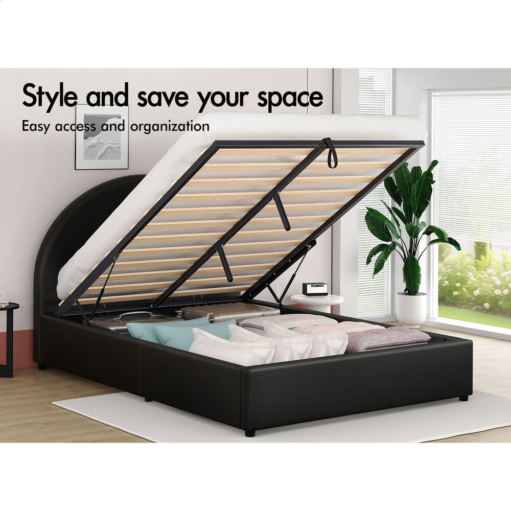 ALFORDSON Bed Frame Double Size Gas Lift Base With Storage Black Leather HOWELL