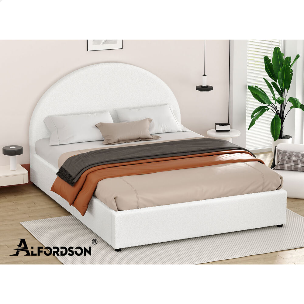 ALFORDSON Bed Frame Double Size Gas Lift Base With Storage White Boucle HOWELL