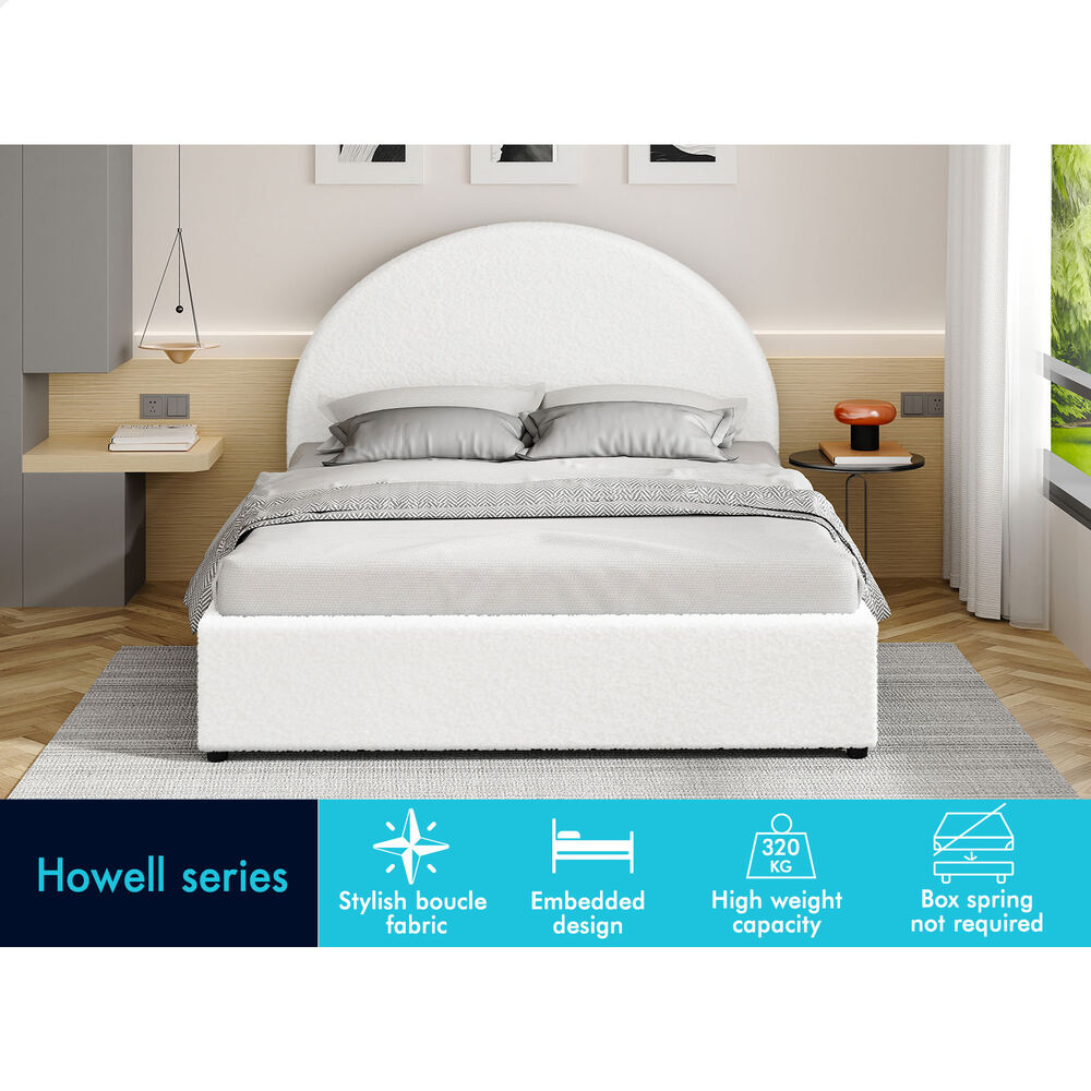 ALFORDSON Bed Frame Double Size Gas Lift Base With Storage White Boucle HOWELL