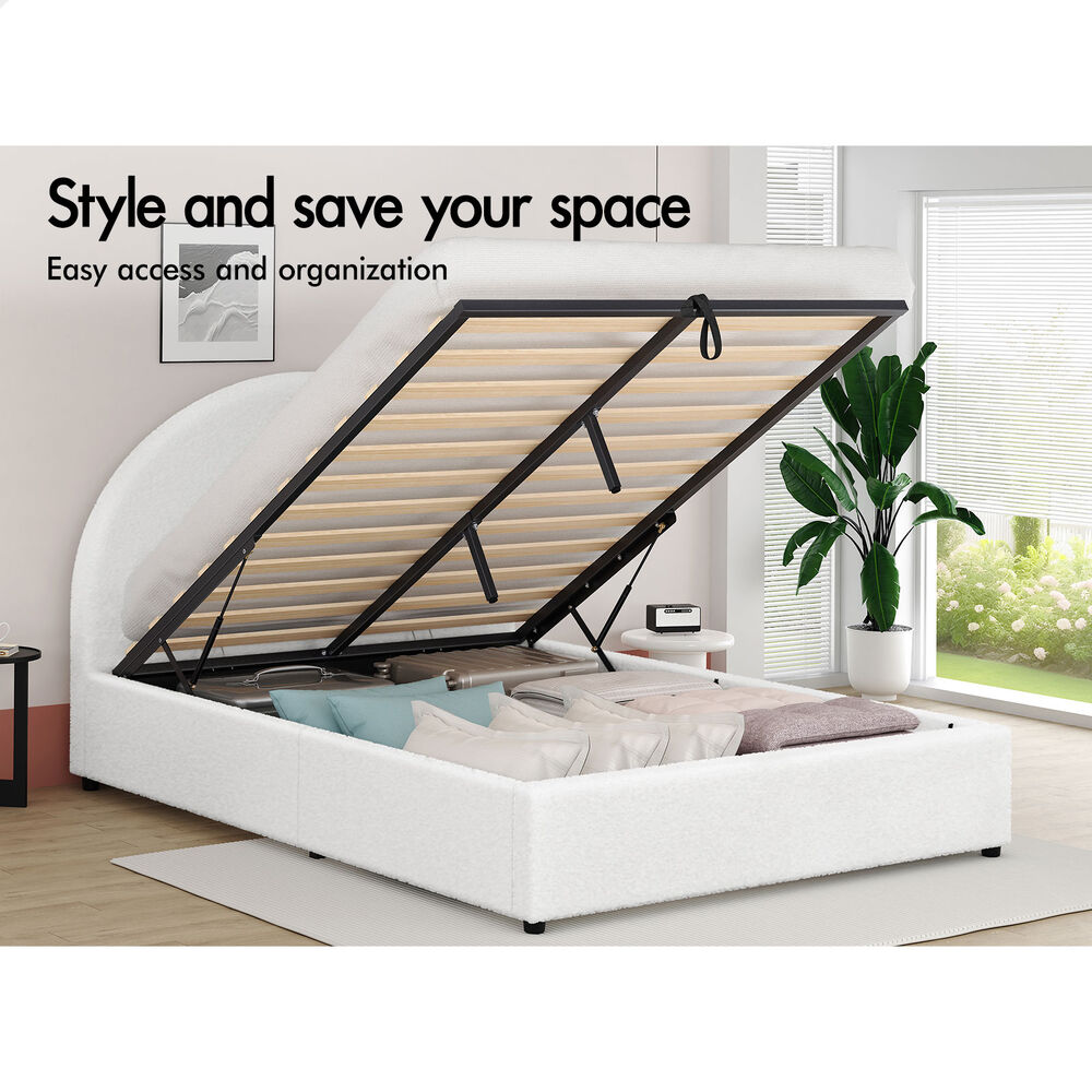ALFORDSON Bed Frame Double Size Gas Lift Base With Storage White Boucle HOWELL