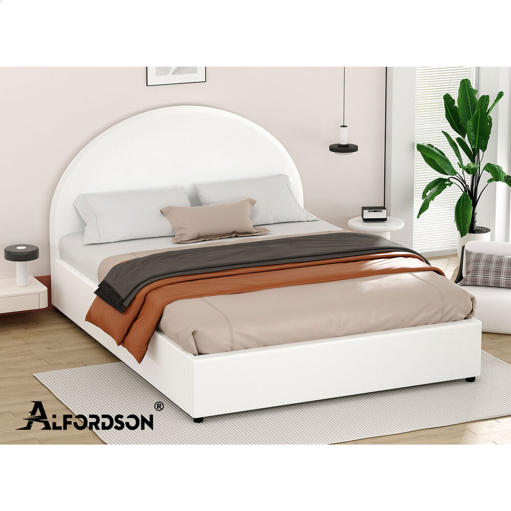ALFORDSON Bed Frame Double Size Gas Lift Base With Storage White Leather HOWELL