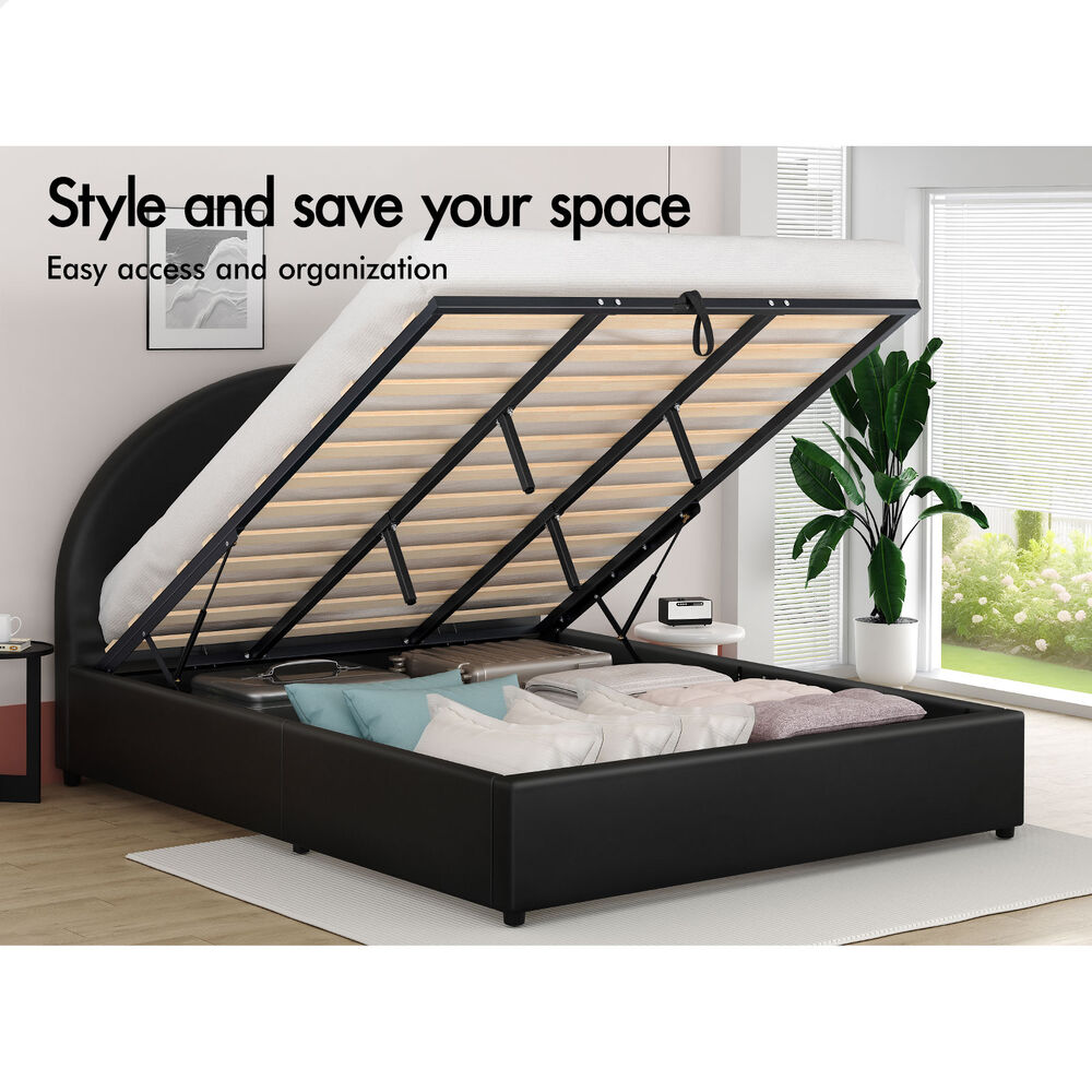 ALFORDSON Bed Frame King Size Gas Lift Base With Storage Black Leather HOWELL