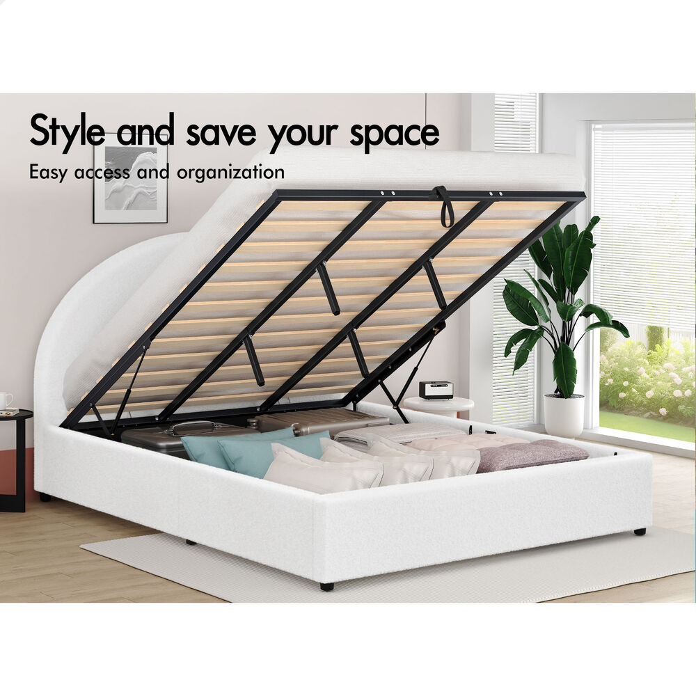 ALFORDSON Bed Frame King Size Gas Lift Base With Storage White Boucle HOWELL