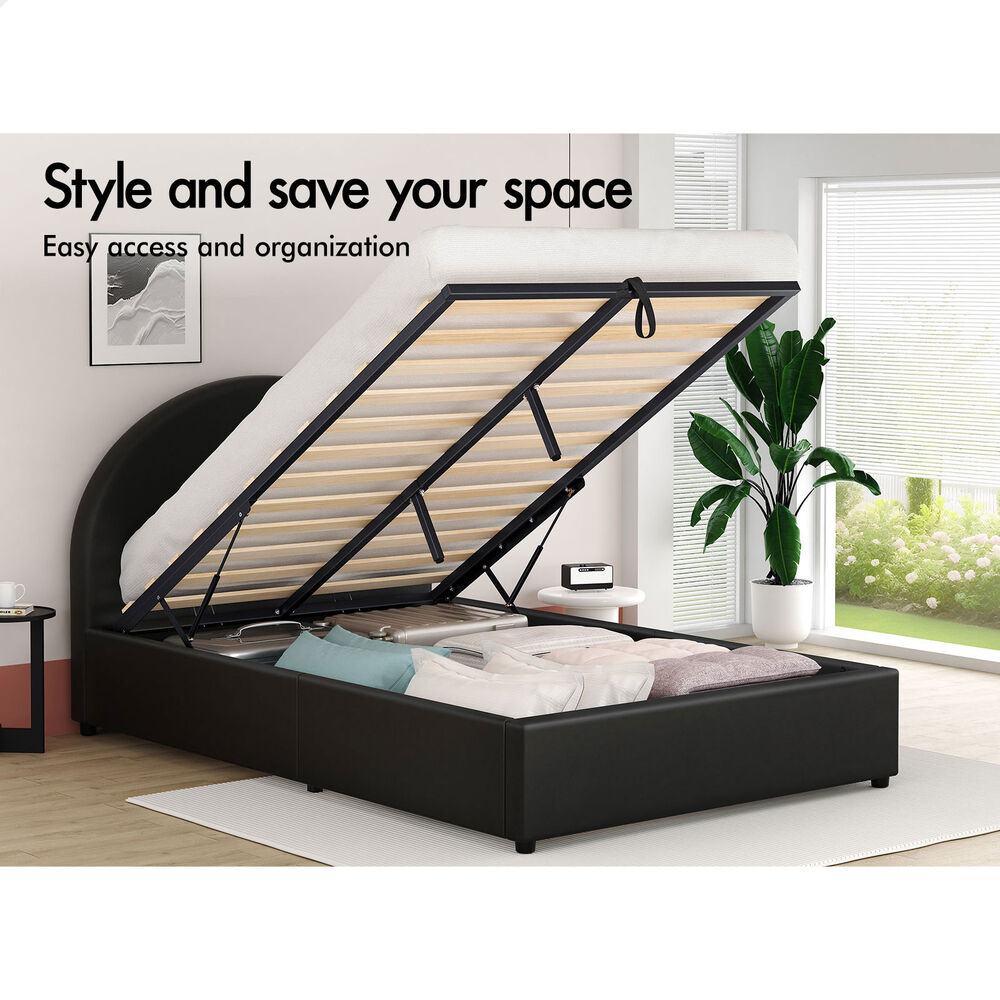 ALFORDSON Bed Frame King Single Gas Lift Base With Storage Black Leather HOWELL