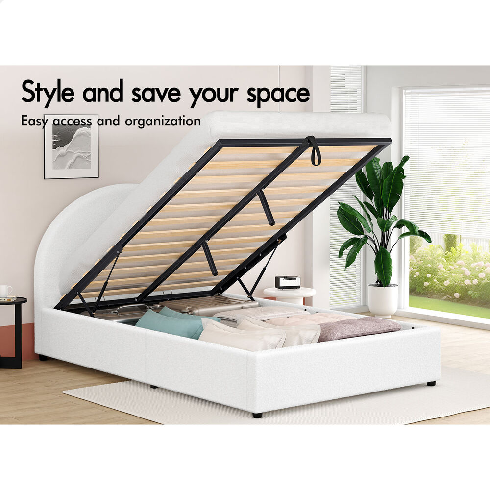ALFORDSON Bed Frame King Single Gas Lift Base With Storage White Boucle HOWELL