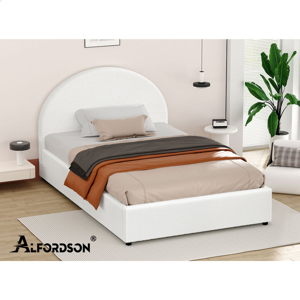 ALFORDSON Bed Frame King Single Gas Lift Base With Storage White Boucle HOWELL