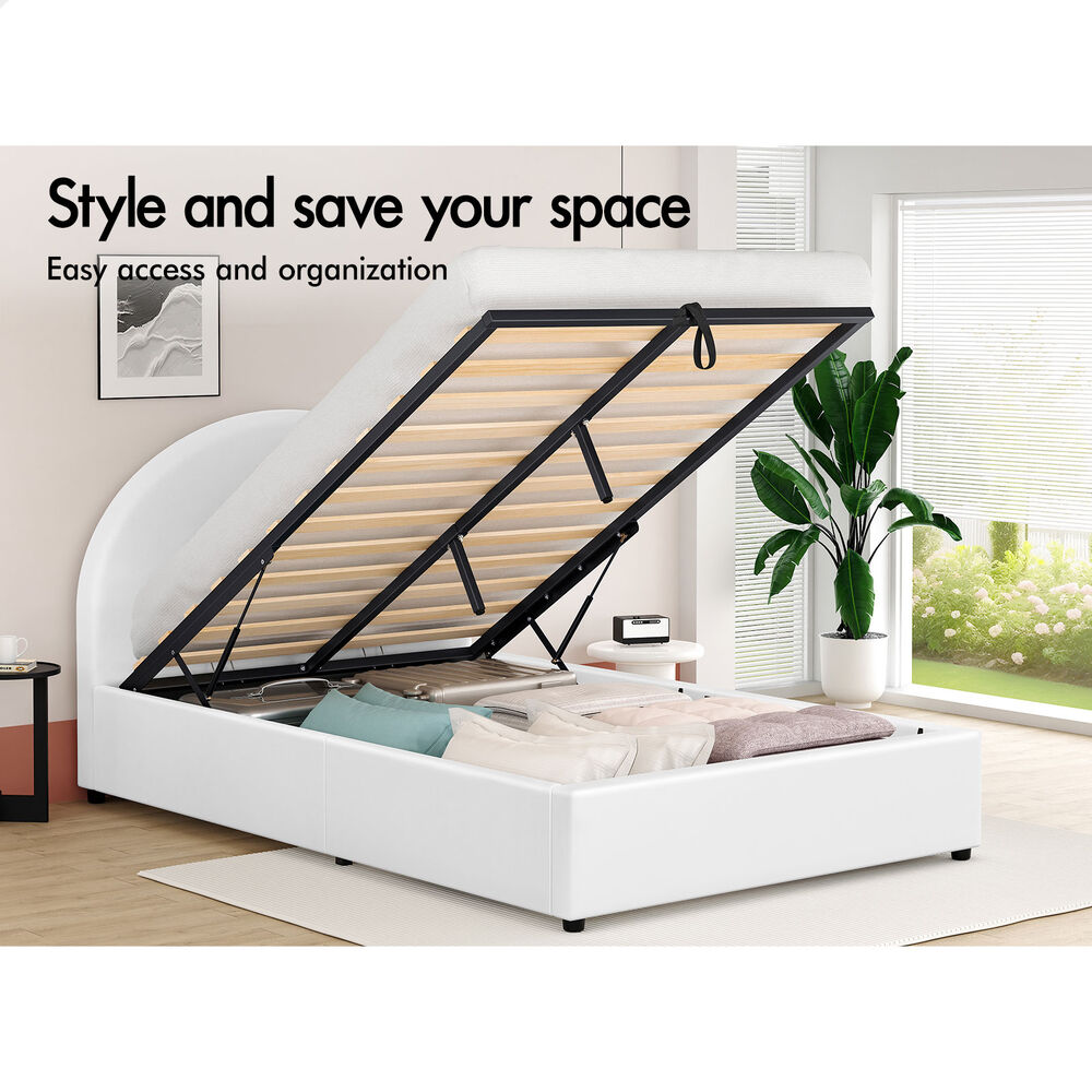 ALFORDSON Bed Frame King Single Gas Lift Base With Storage White Leather HOWELL