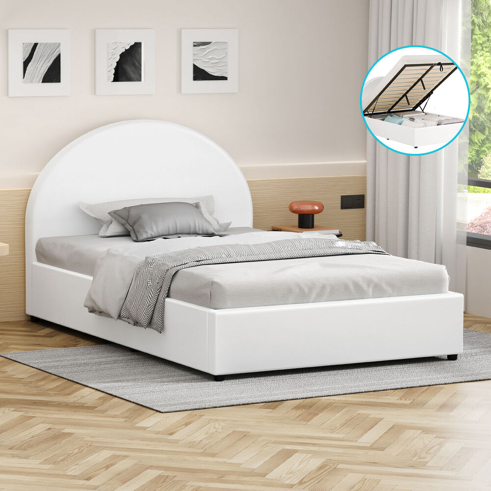 ALFORDSON Bed Frame King Single Gas Lift Base With Storage White Leather HOWELL
