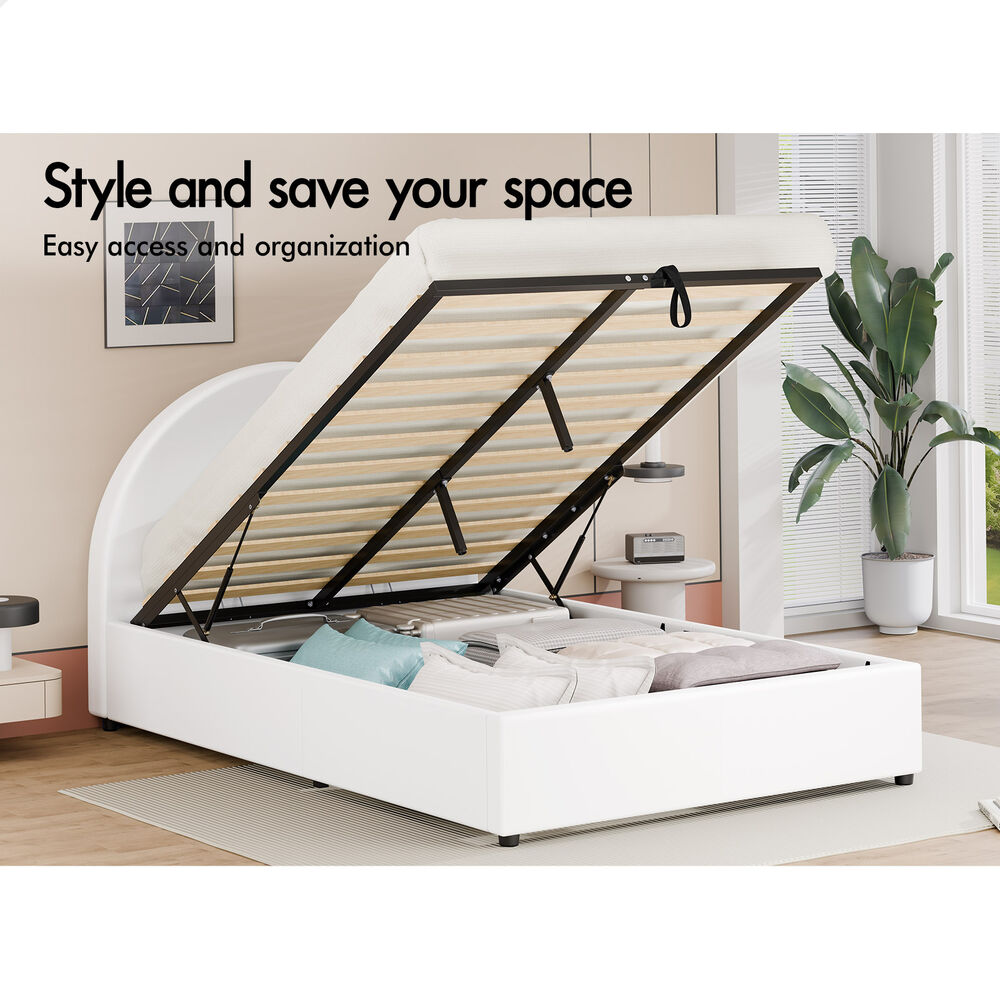 ALFORDSON Bed Frame King Single Gas Lift Base With Storage White Leather HOWELL