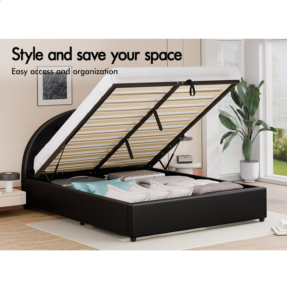 ALFORDSON Bed Frame Queen Size Gas Lift Base With Storage Black Leather HOWELL