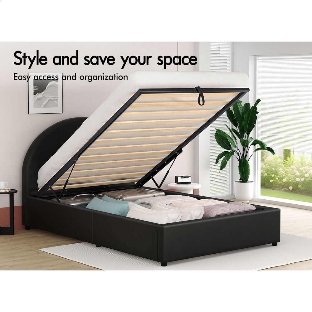 ALFORDSON Bed Frame Single Size Gas Lift Base With Storage Black Leather HOWELL