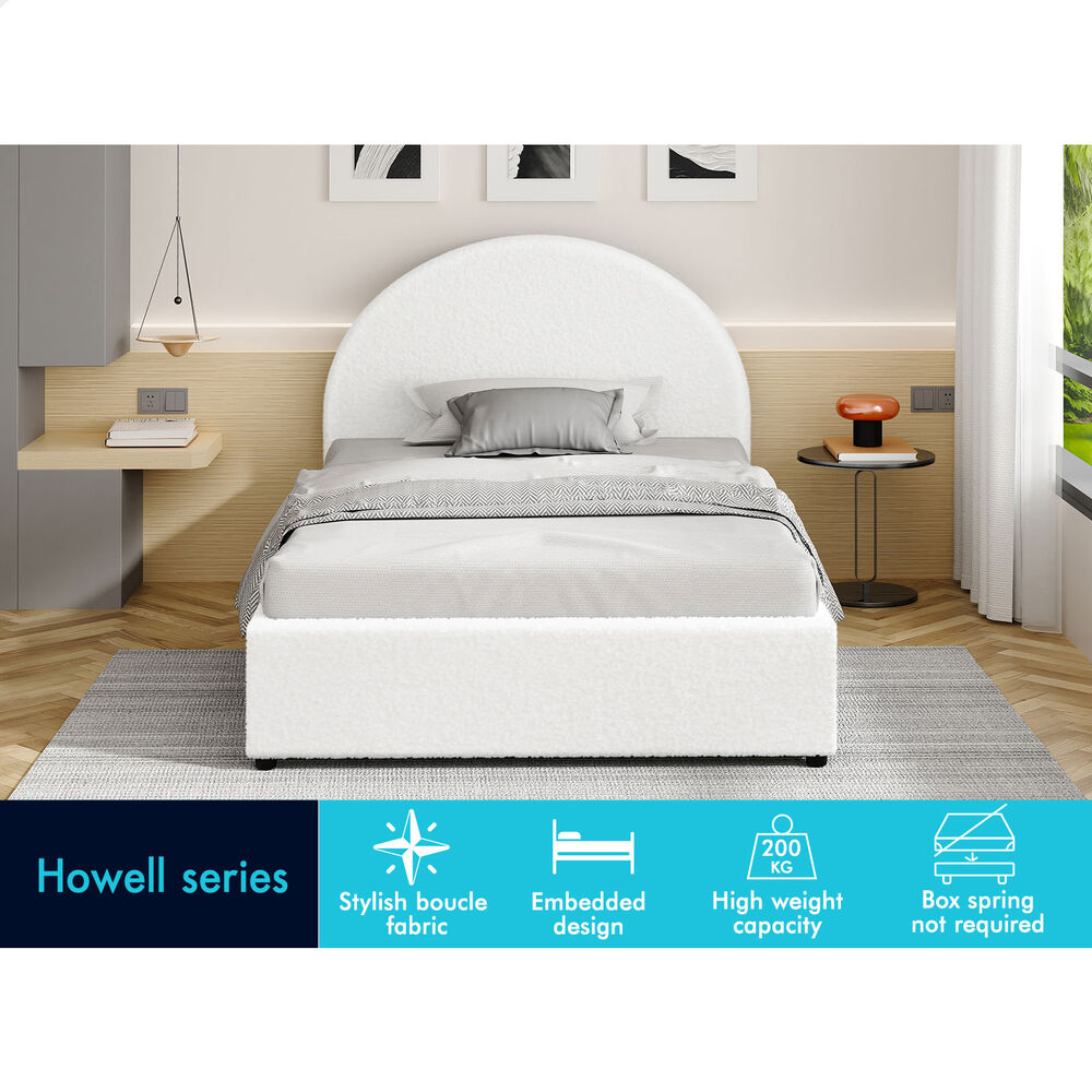 ALFORDSON Bed Frame Single Size Gas Lift Base With Storage White Boucle HOWELL