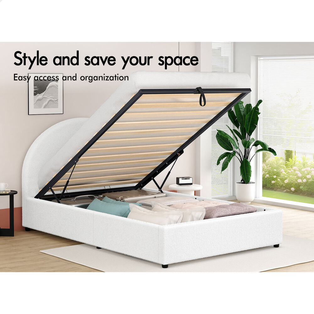 ALFORDSON Bed Frame Single Size Gas Lift Base With Storage White Boucle HOWELL