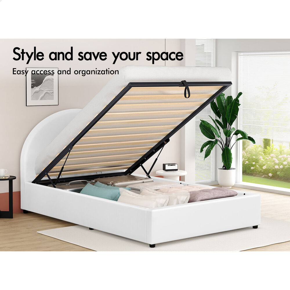 ALFORDSON Bed Frame Single Size Gas Lift Base With Storage White Leather HOWELL