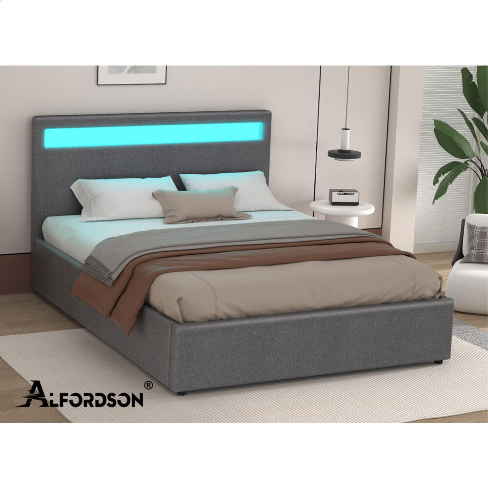 ALFORDSON Bed Frame Double Size RGB LED Gas Lift Base Platform Storage Grey