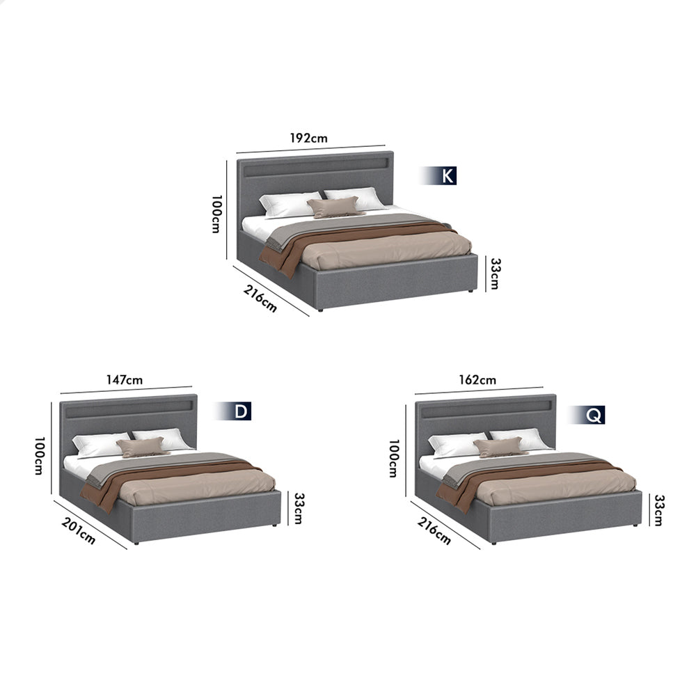 ALFORDSON Bed Frame Double Size RGB LED Gas Lift Base Platform Storage Grey