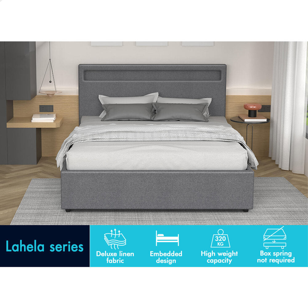 ALFORDSON Bed Frame Double Size RGB LED Gas Lift Base Platform Storage Grey