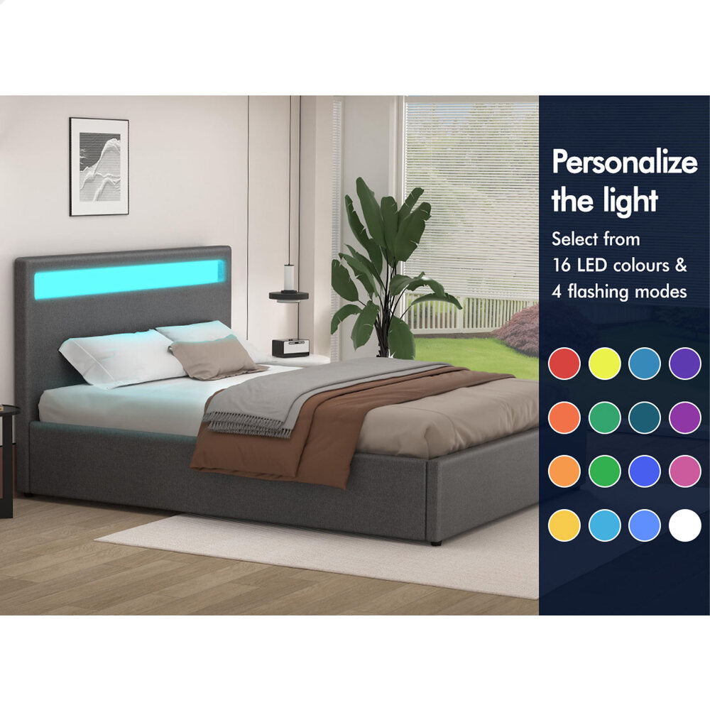 ALFORDSON Bed Frame Double Size RGB LED Gas Lift Base Platform Storage Grey