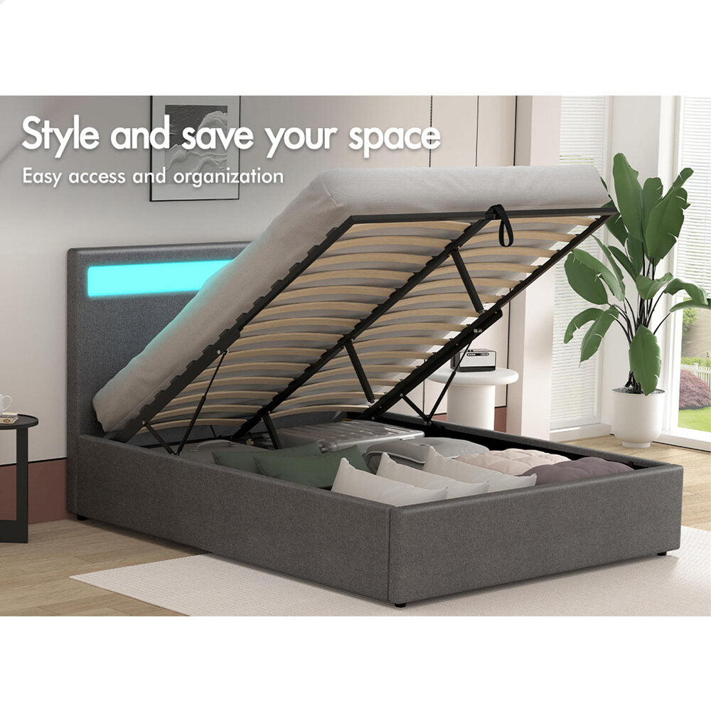 ALFORDSON Bed Frame Double Size RGB LED Gas Lift Base Platform Storage Grey