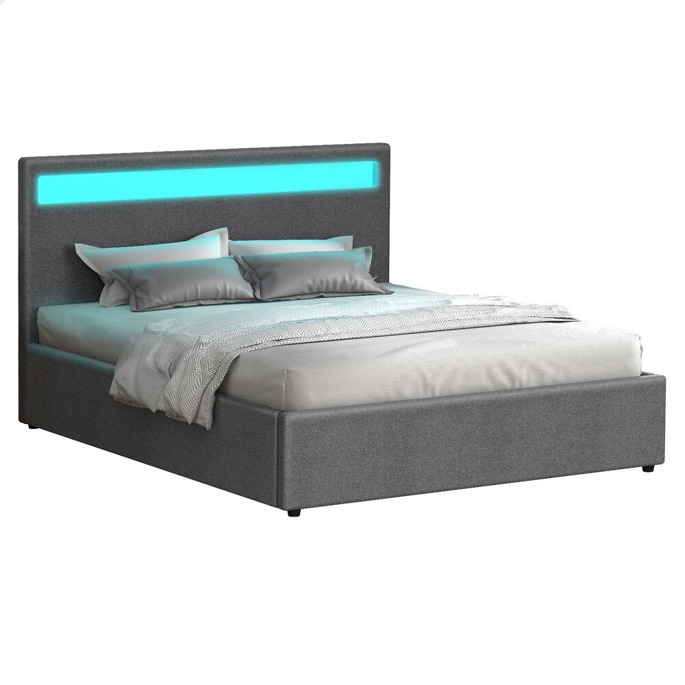 ALFORDSON Bed Frame Double Size RGB LED Gas Lift Base Platform Storage Grey