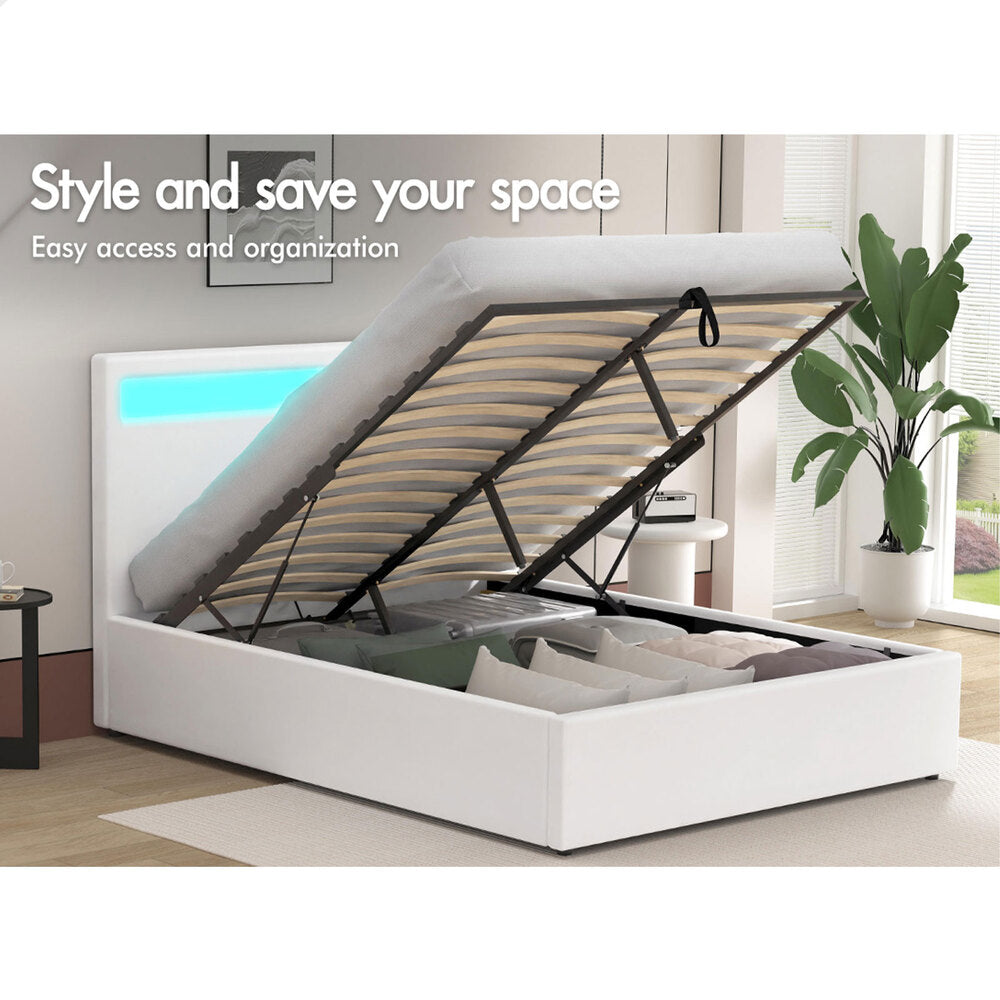 ALFORDSON Bed Frame Double Size RGB LED Gas Lift Base Platform Storage White