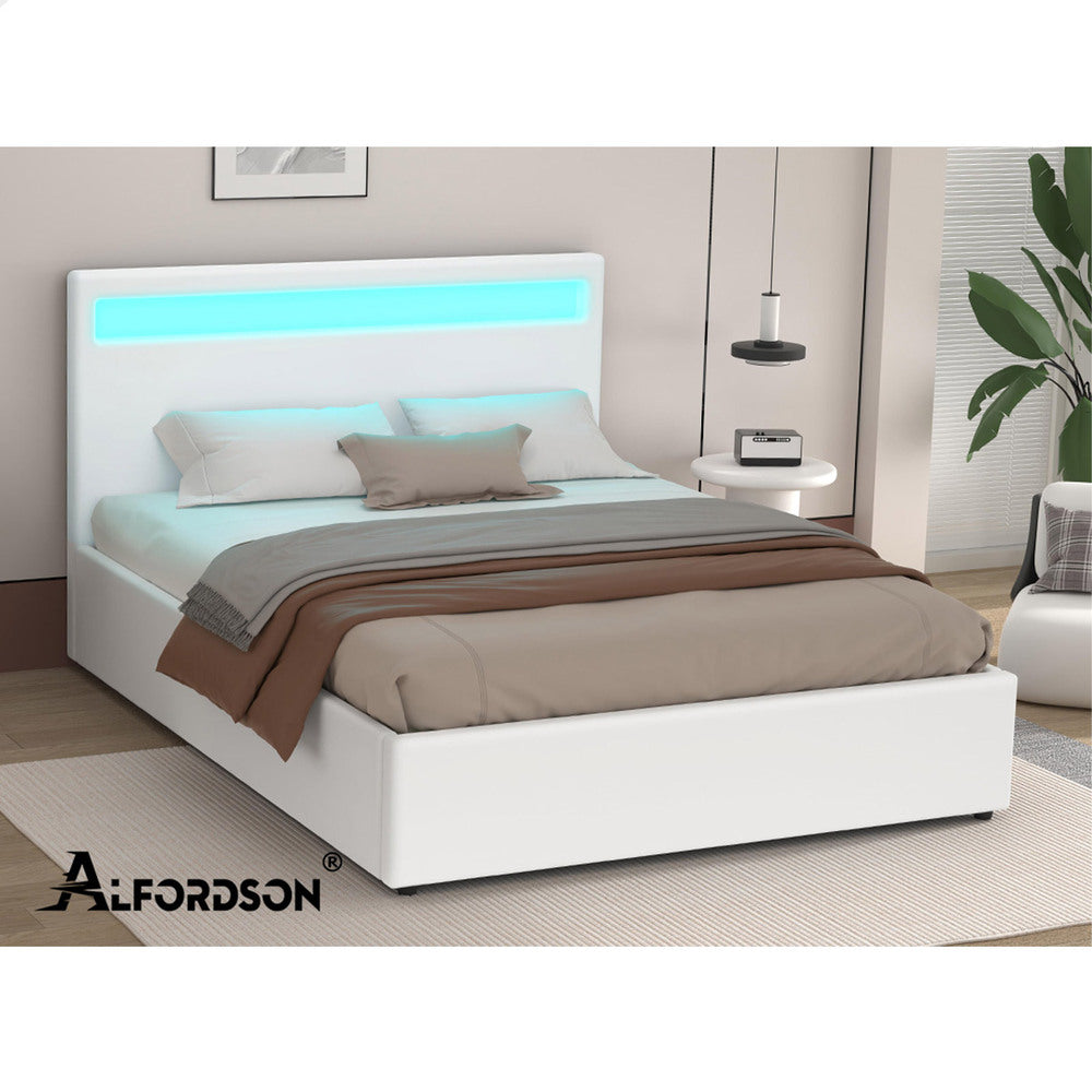 ALFORDSON Bed Frame Double Size RGB LED Gas Lift Base Platform Storage White