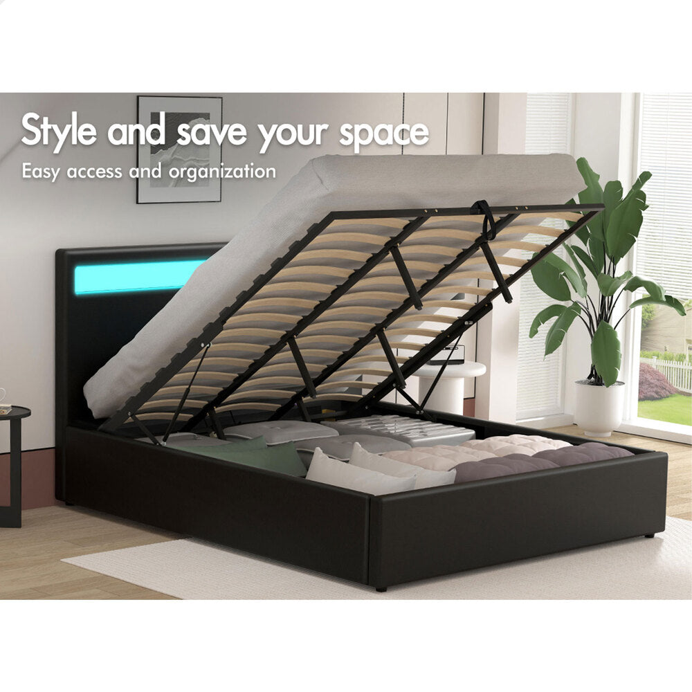 ALFORDSON Bed Frame King Size RGB LED Gas Lift Base Platform Storage Black