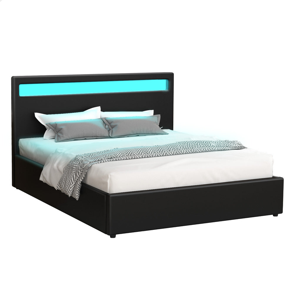 ALFORDSON Bed Frame King Size RGB LED Gas Lift Base Platform Storage Black
