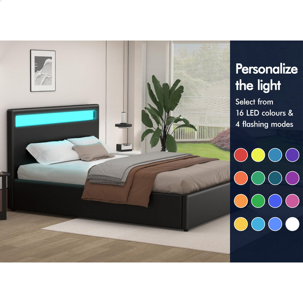 ALFORDSON Bed Frame King Size RGB LED Gas Lift Base Platform Storage Black
