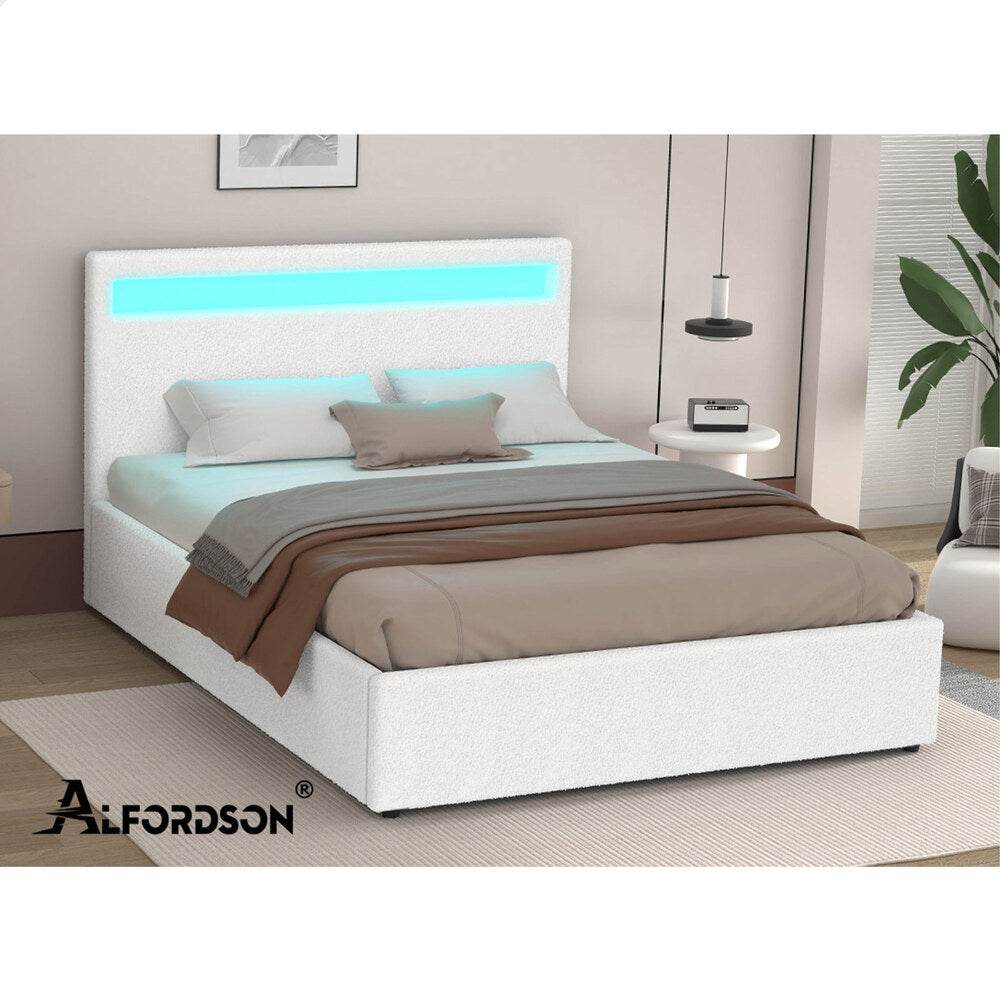 ALFORDSON Bed Frame King Size RGB LED Gas Lift Base Platform Storage Boucle