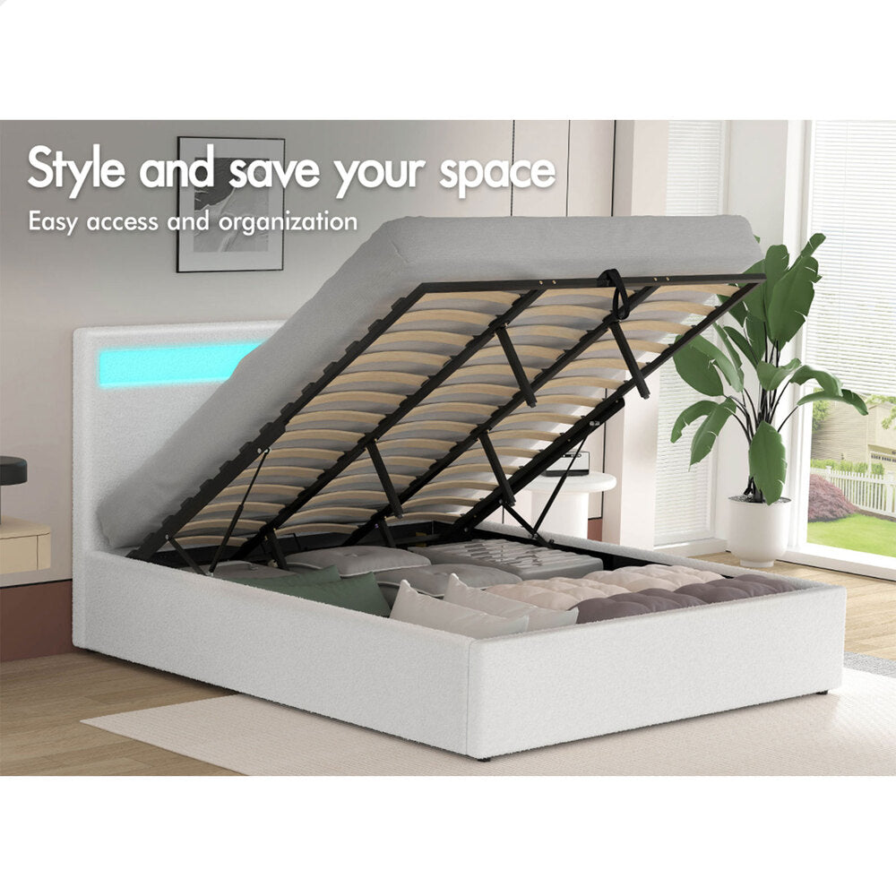 ALFORDSON Bed Frame King Size RGB LED Gas Lift Base Platform Storage Boucle