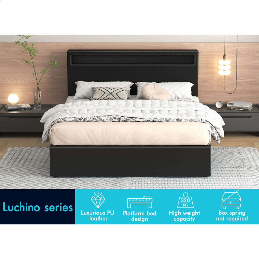 ALFORDSON Bed Frame Double Size RGB LED Gas Lift Storage Base Black LUCHINO