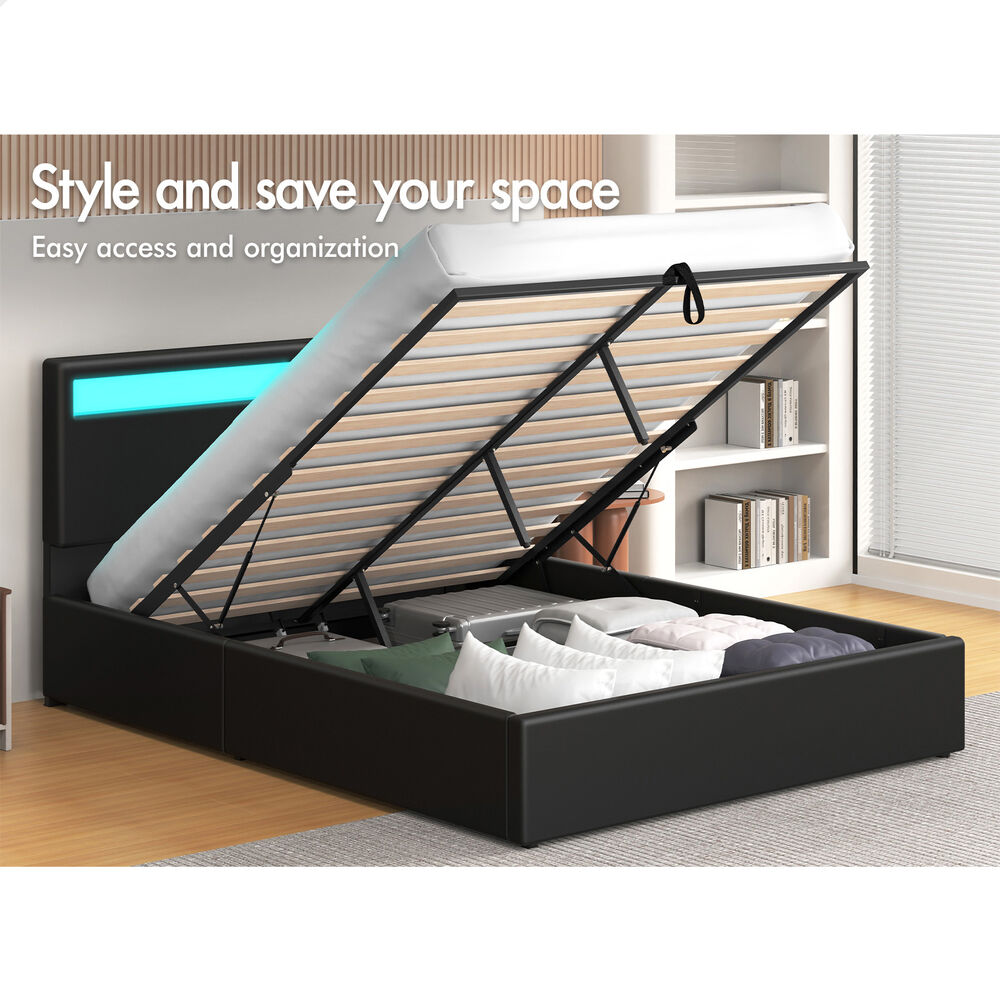 ALFORDSON Bed Frame Double Size RGB LED Gas Lift Storage Base Black LUCHINO