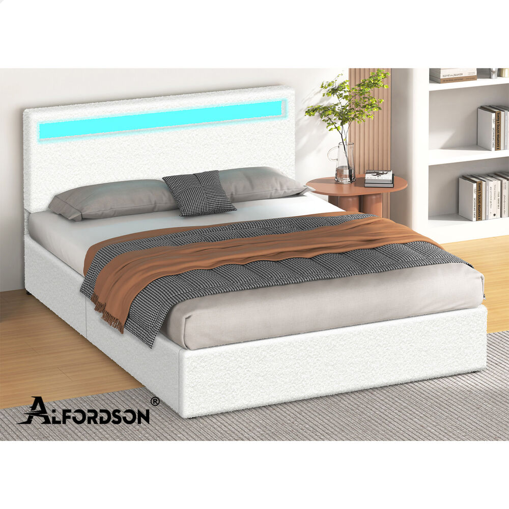 ALFORDSON Bed Frame Double Size RGB LED Gas Lift Storage Base Boucle LUCHINO