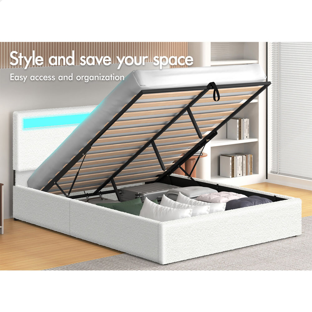 ALFORDSON Bed Frame Double Size RGB LED Gas Lift Storage Base Boucle LUCHINO