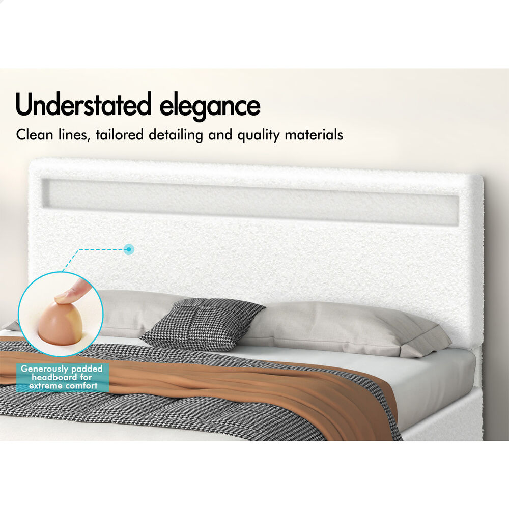 ALFORDSON Bed Frame Double Size RGB LED Gas Lift Storage Base Boucle LUCHINO