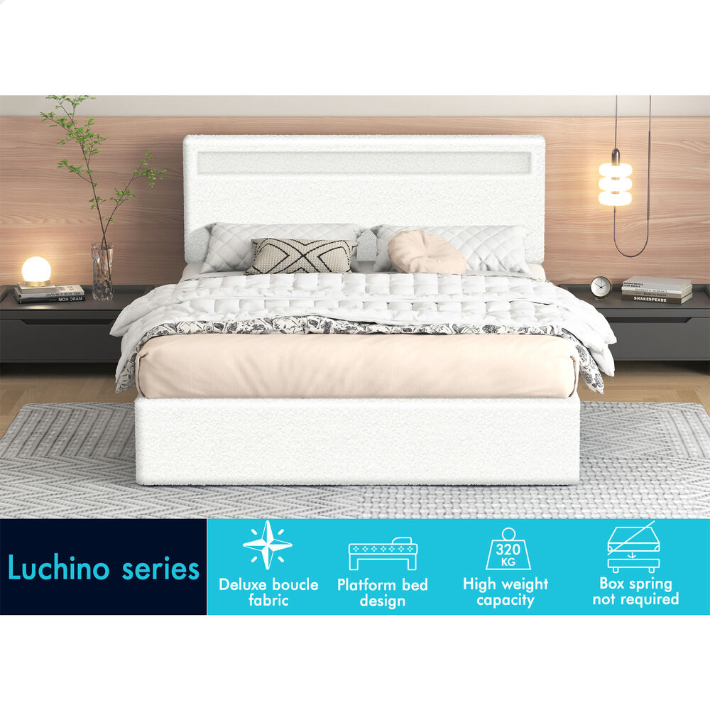 ALFORDSON Bed Frame Double Size RGB LED Gas Lift Storage Base Boucle LUCHINO