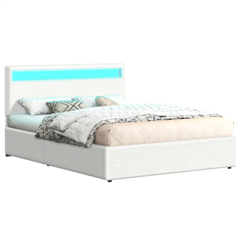 ALFORDSON Bed Frame Double Size RGB LED Gas Lift Storage Base Boucle LUCHINO